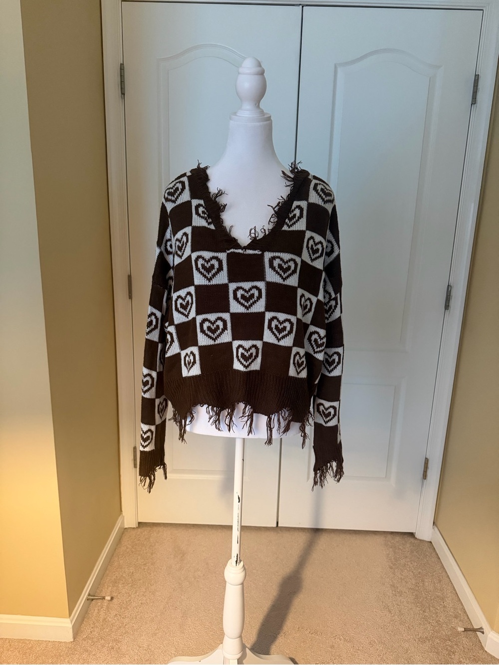 Brown and Cream Heart-Check Distressed oversized V-Neck Sweater